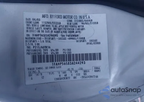 2003 Ford Taurus Sel from USA, damaged, VIN 1FAHP56S83A244293